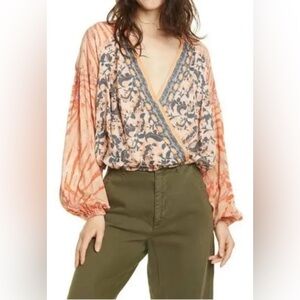 Free People Blouse Top oversized XS wrap style long sleeves crossover